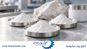نمونه پودر سفید کربنات کلسیم و سنگ معدنی برای بررسی پیش از خرید